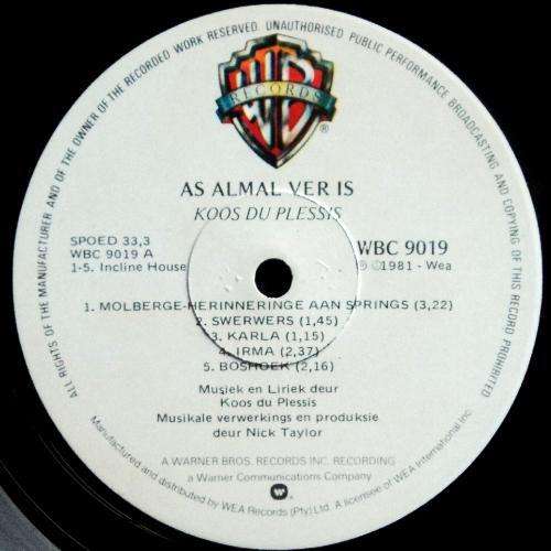 Koos du Plessis - AS ALMAL VER IS. LP. (NM/NM). Koos se 2e album (1981). Warner Bros WBC 9091 skaars