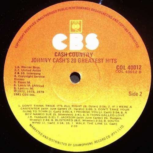 Johnny Cash -  CASH COUNTRY. JOHNNY CASH'S 20 GREATEST HITS. Vinyl LP (NM/NM). S A Release.