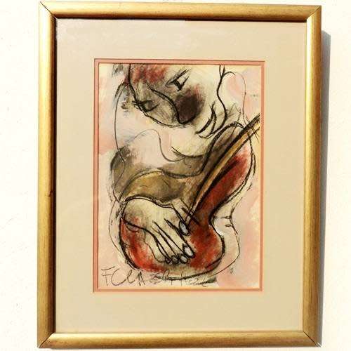 Frans Claerhout (Renowned SA Artist) 1919 - 2006 - MAN WITH GUITAR. Framed Mixed Medium. 35 x 43 cm