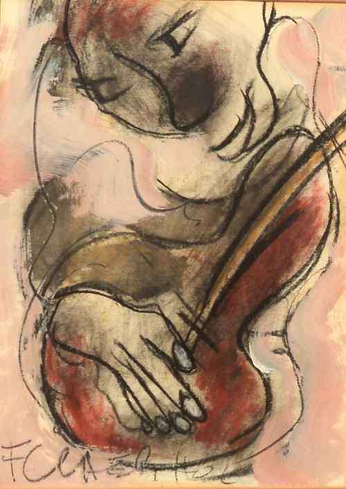 Frans Claerhout (Renowned SA Artist) 1919 - 2006 - MAN WITH GUITAR. Framed Mixed Medium. 35 x 43 cm
