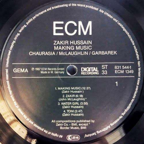 Zakir Hussain - MAKING MUSIC. 33 rpm 12` vinyl LP record. G/f. (NM/NM) 1987. German release. JAZZ.