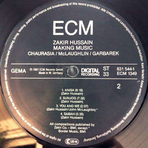 Zakir Hussain - MAKING MUSIC. 33 rpm 12` vinyl LP record. G/f. (NM/NM) 1987. German release. JAZZ.