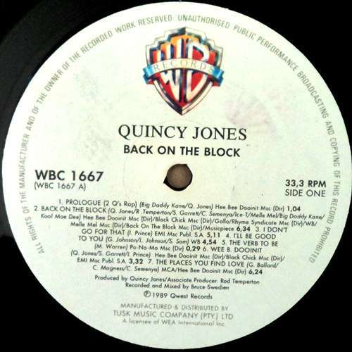 Quincey Jones - BACK ON THE BLOCK. 33 rpm. 12` LP record. (NM/NM). 1989. RSA Jazz / Hip hop.