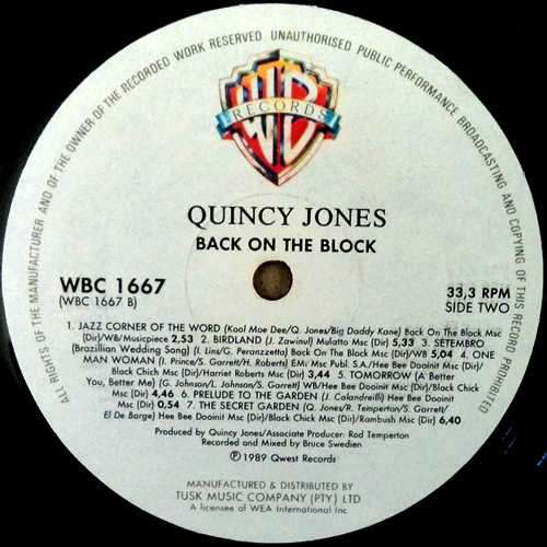 Quincey Jones - BACK ON THE BLOCK. 33 rpm. 12` LP record. (NM/NM). 1989. RSA Jazz / Hip hop.