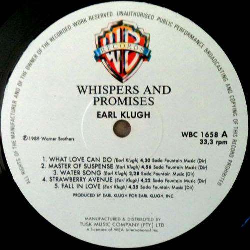 Earl Klugh - WHISPERS AND PROMISES. 33 rpm. 12` LP record. (NM/NM). 1989. RSA. Smooth jazz.