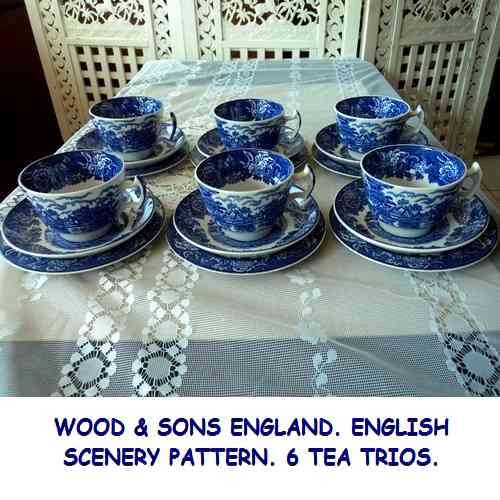 SIX TEA TRIOS BY WOOD and SONS, ENGLAND. `English Scenery` pattern. Royal Blue. ONE LOT.