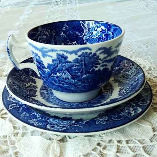 SIX TEA TRIOS BY WOOD and SONS, ENGLAND. `English Scenery` pattern. Royal Blue. ONE LOT.