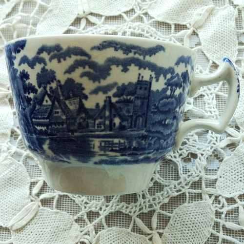 SIX TEA TRIOS BY WOOD and SONS, ENGLAND. `English Scenery` pattern. Royal Blue. ONE LOT.