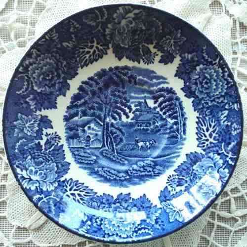 SIX TEA TRIOS BY WOOD and SONS, ENGLAND. `English Scenery` pattern. Royal Blue. ONE LOT.