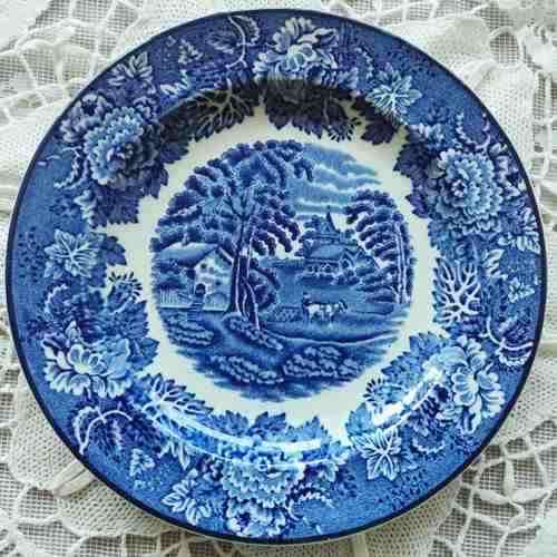 SIX TEA TRIOS BY WOOD and SONS, ENGLAND. `English Scenery` pattern. Royal Blue. ONE LOT.