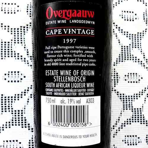 OVERGAAUW ESTATE WINE. Cape Vintage Liqueur Wine. 750 ml. 1997 Vintage.