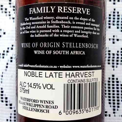 WATERFORD ESTATE WINE. NOBLE LATE HARVEST. FAMILY RESERVE. Heatherleigh Stellenbosch. 500 ml.