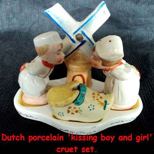 DUTCH PORCELAIN `KISSING BOY AND GIRL` CRUET SET (salt, pepper and mustard) Handpainted and vintage.