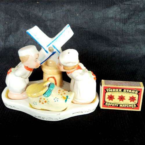 DUTCH PORCELAIN `KISSING BOY AND GIRL` CRUET SET (salt, pepper and mustard) Handpainted and vintage.