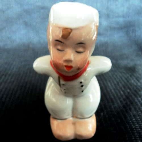DUTCH PORCELAIN `KISSING BOY AND GIRL` CRUET SET (salt, pepper and mustard) Handpainted and vintage.