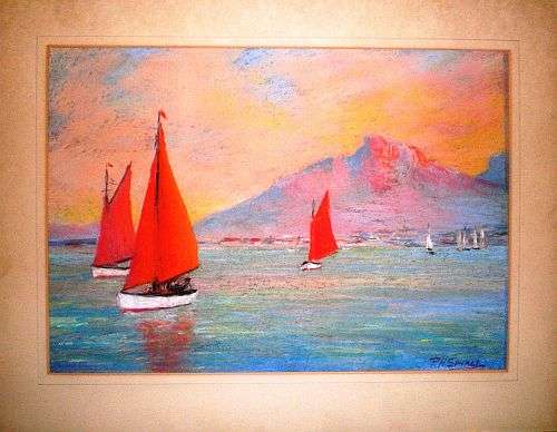 ORIGINAL OIL PASTEL PAINTING. CAPE COASTAL SCENE WITH YACHTS. Artist: P H Savage.