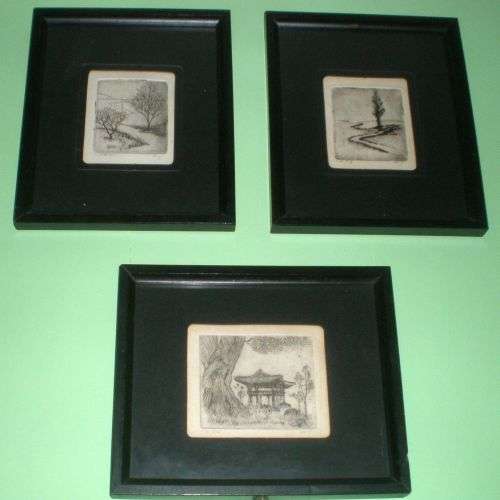 SET OF 3 ORIENTAL ETCHINGS. Victorian. Japanese.