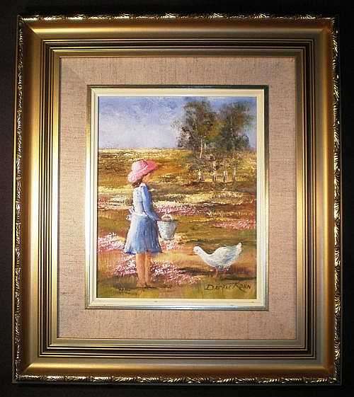 OIL PAINTING. 'LITTLE GIRL FEEDING DUCK'.  By well known South African artist Daphne Kohn.