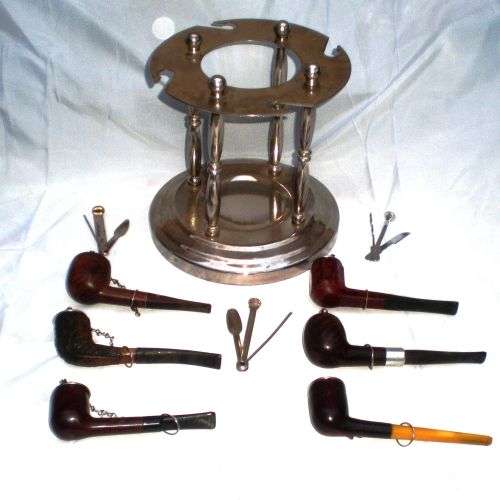 COLLECTION; PIPES, PIPE LIDS, PIPE TOOLS AND STAND. Tobacciana