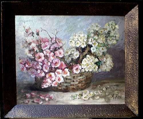 ORIGINAL ANTIQUE OIL PAINTING. Edwardian Still Life. 'Blossoms in Basket' by A Fox. (c 1910)