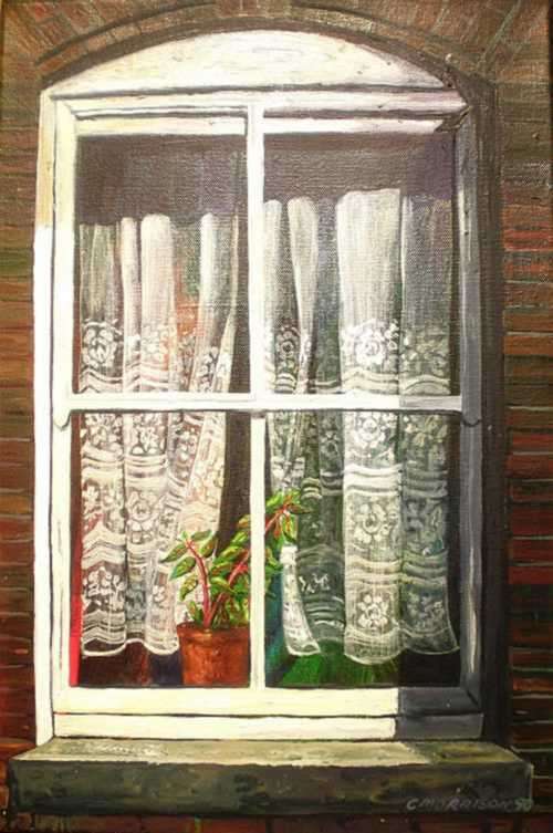 ORIGINAL OIL PAINTING. WINDOW WITH LACE CURTAINS AND PLANT. BY C MORRISON (1990)