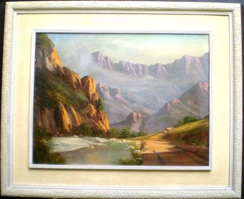 ORIGINAL VINTAGE OIL  PAINTING. Mountainscape with River by well known South African artist K FAURE.