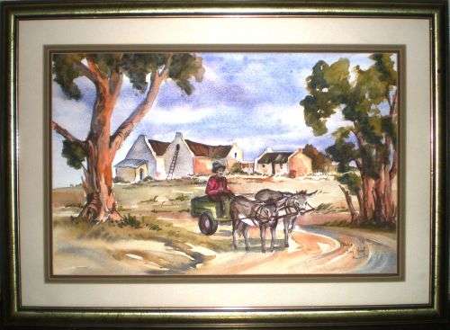 ORIGINAL WATER COLOUR PAINTING. 'West Coast Cottages & Donkey Cart' by S A artist Fredie Ten Haaf.