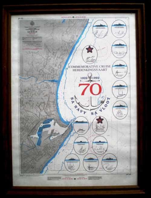 S A NAVY. Map of 70 Years Commemorative Cruise (Durban). 14 Original Signatures. Framed.