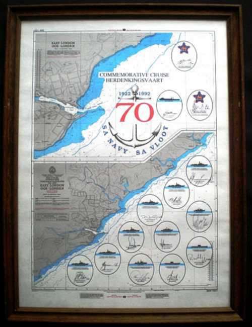 S A NAVY. Map of 70 Years Commemorative Cruise (East London). 14 Original Signatures. Framed.