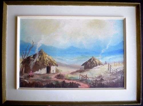 ORIGINAL VINTAGE OIL  PAINTING. Mountainscape with Sotho Huts by S A artist F Potgieter (1960).