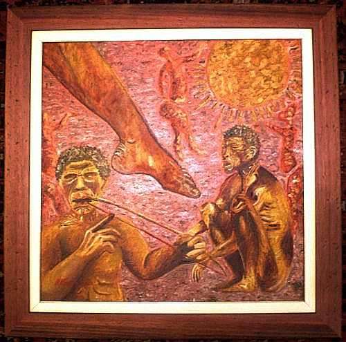 ORIGINAL OIL PAINTING. 'Two San Men' by South African Artist H Keunig (2009). Framed