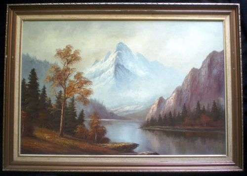 ORIGINAL OIL PAINTING. Large Landscape with snowy mountains. Signed.