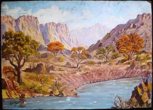 ORIGINAL OIL  PAINTING. 'Mountain Landscape with River' by S A artist Cori Heim (1980). Unframed.
