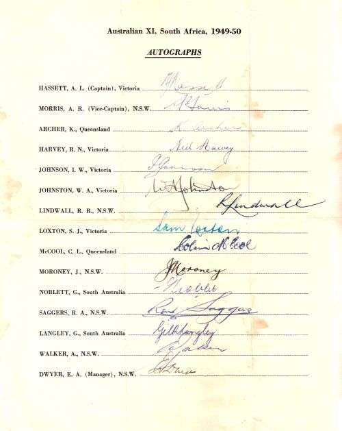 CRICKET. Original Signatures of the 1949 - 1850 Touring Australian Cricket Team.