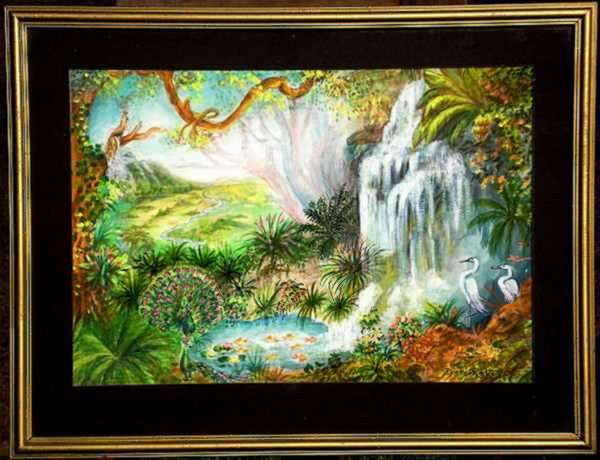 ORIGINAL WATER COLOUR  PAINTING. Landscape with Birds. SA artist Irena Rakovska. Framed. (2002)