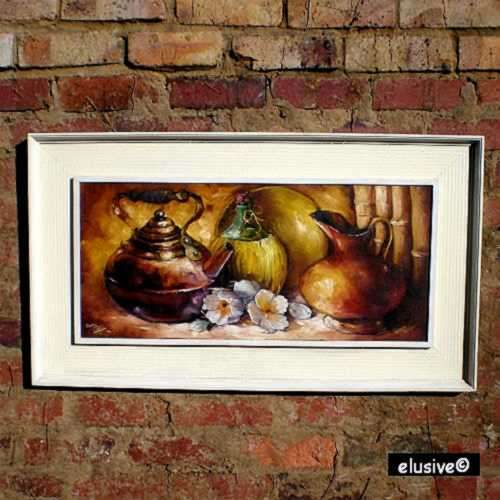 Oil painting. 'Still Life with Copper Items' (1974) by S A Artist Paula van Emmenis (b 1949).