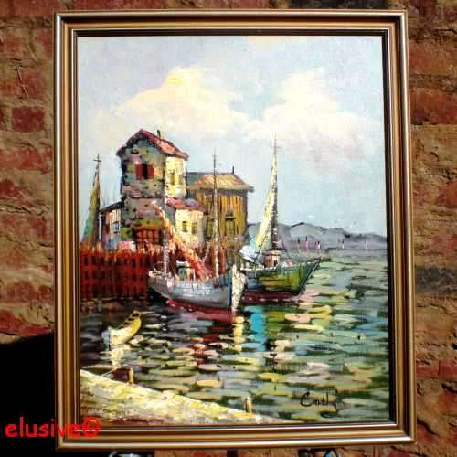 Original oil painting. 'Meditteranian Harbour Scene' (c 2000) by Carthy. Framed.