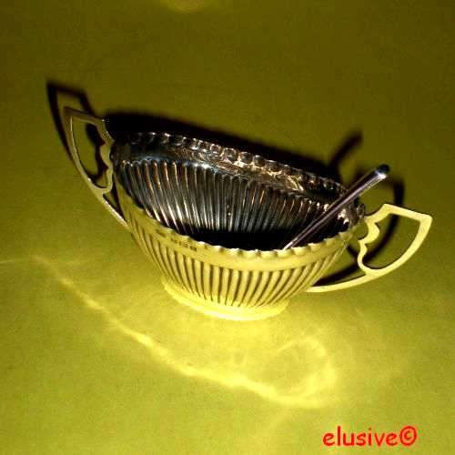 ENGLISH HALLMARKED SILVER. Salt with spoon. Birmingham. Antique (1908). TWO AVAILABLE.