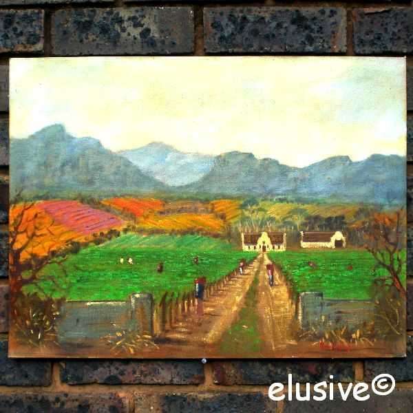 Hugo Myburgh (Pretoria Artist). ORIGINAL OIL PAINTING. 'Boland Wine Estate'. Unframed (c 2000)