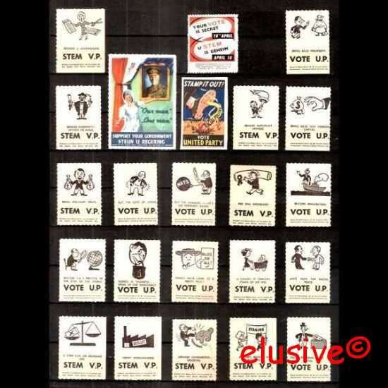 Propaganda Seels / Stamps. VERENIGDE PARTY (UNITED PARTY). R S A.  1940 / 50s. Stel van 23.