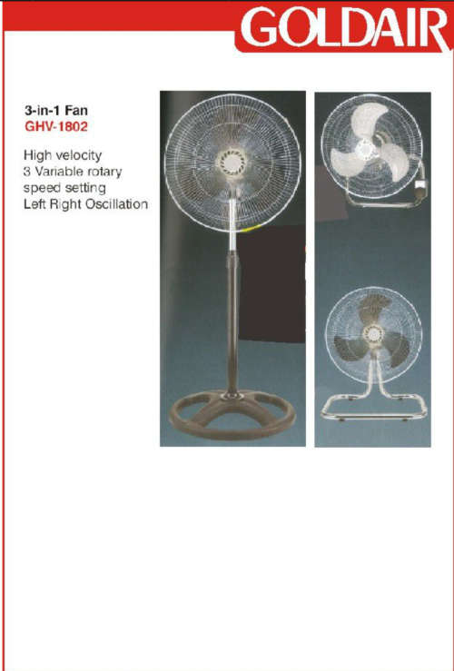 Goldair - 18 Inch Pedestal High Velocity 3 In 1 Floor Fan NEW