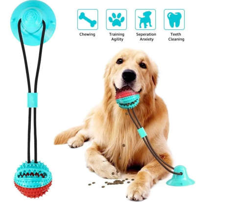 Multi color Rope Treat Dispensing Ball with Suction Cup For Dogs