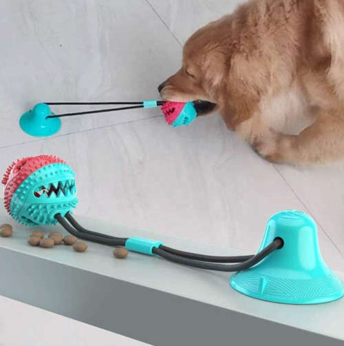 Multi color Rope Treat Dispensing Ball with Suction Cup For Dogs