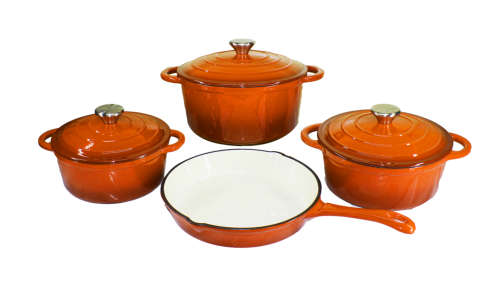 LEOPARD PREMIUM 7 Piece Authentic Cast Iron Dutch Oven Cookware Pot Set - Orange NEW