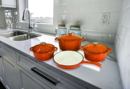 LEOPARD PREMIUM 7 Piece Authentic Cast Iron Dutch Oven Cookware Pot Set - Orange NEW