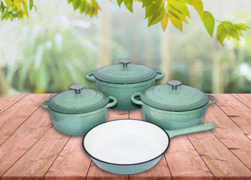 7 Piece Glazed Cast Iron Dutch Oven Cookware Pot Set - Mint Green - Premium Quality - Brand New