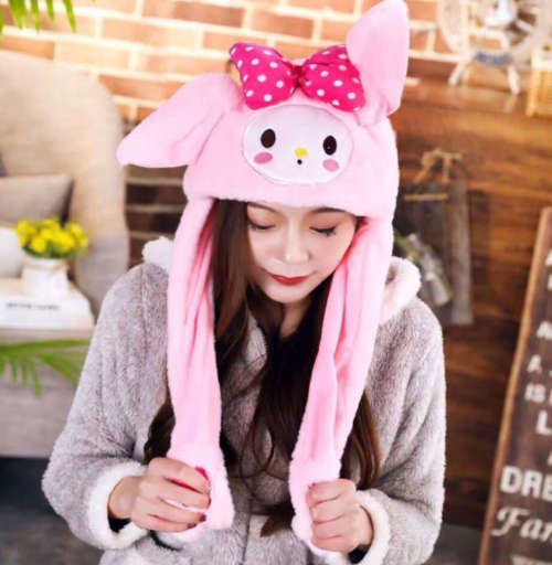 Cute Plush Animal Women and Baby Hat With Moving Ears - Pink
