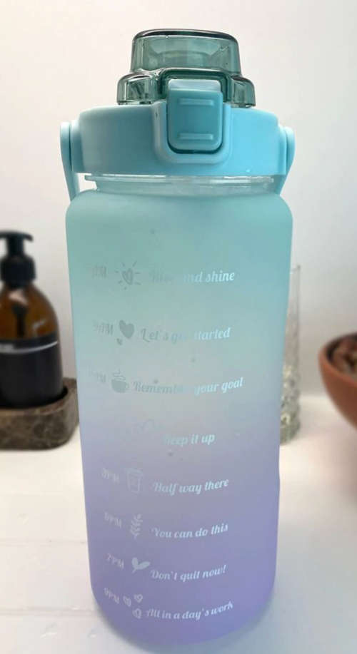 Water Bottle with Drinking Straw and Motivational Time Markers - 2 Litre - Orange, Purple