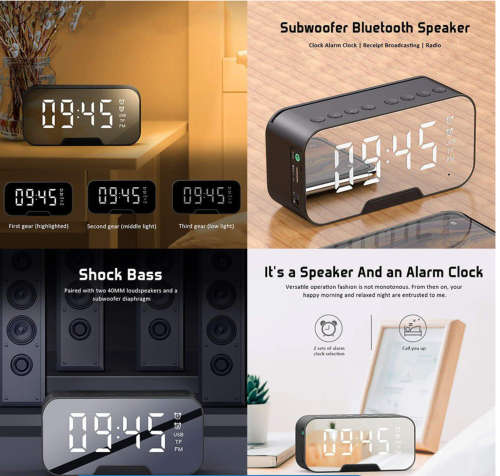 MultiFunction LED Mirror Digital Alarm Clock Bluetooth Speaker FM Radio