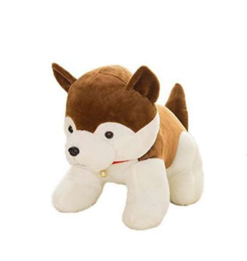 Cute Husky Plush Puppy With Red Ring Bell - Brown